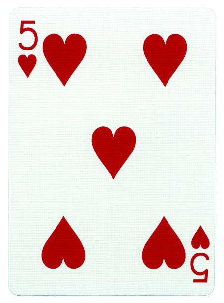 Five of hearts playing card, isolated on white background.